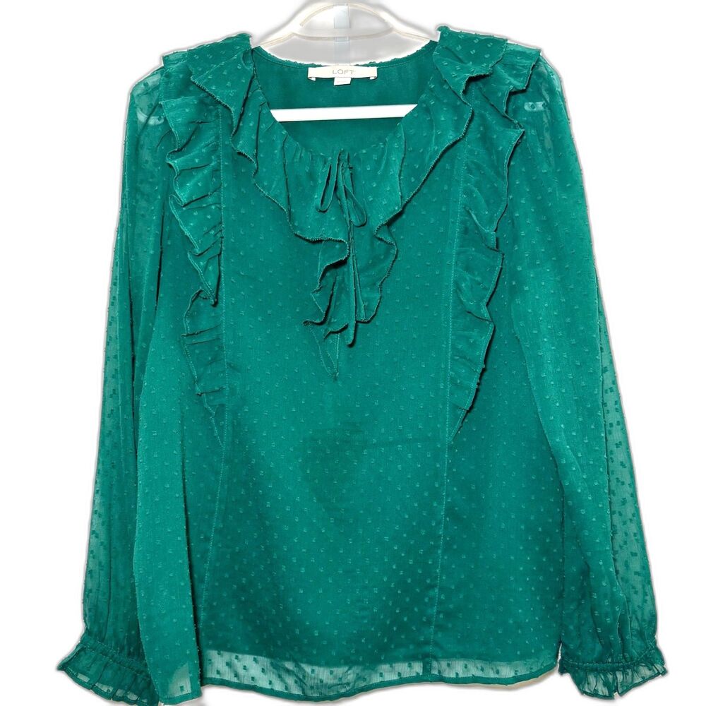 LOFT Medium Emerald Green Swiss Dot Ruffle Tie Neck Sheer Blouse Top